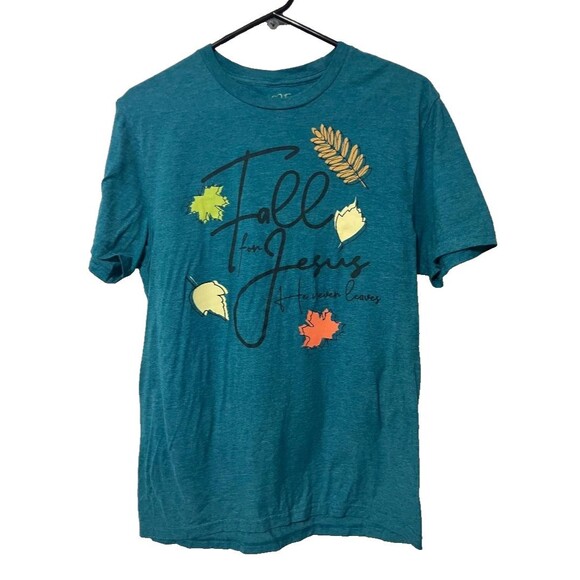 Fall for Jesus He Never Leaves T-Shirt Unisex Sz Small Love in Faith Teal Green - Picture 1 of 6